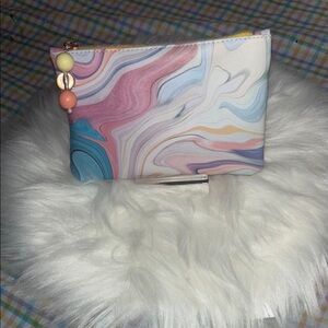 Ipsy Pink and Blue Cosmetic Bag with makeup & Artistic Marble Design